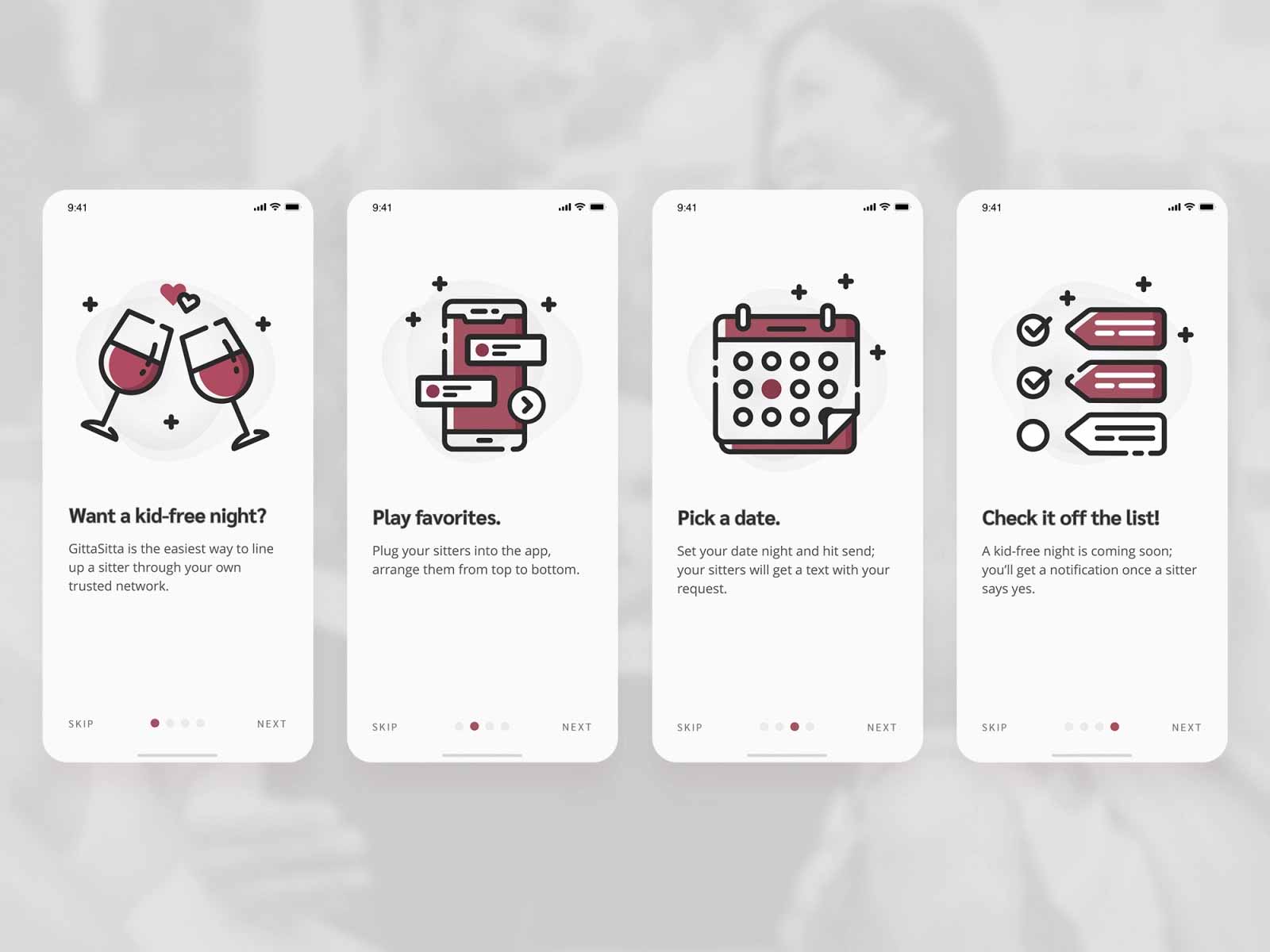 An assortment of screenshots of a mobile app displaying different onboarding screens.