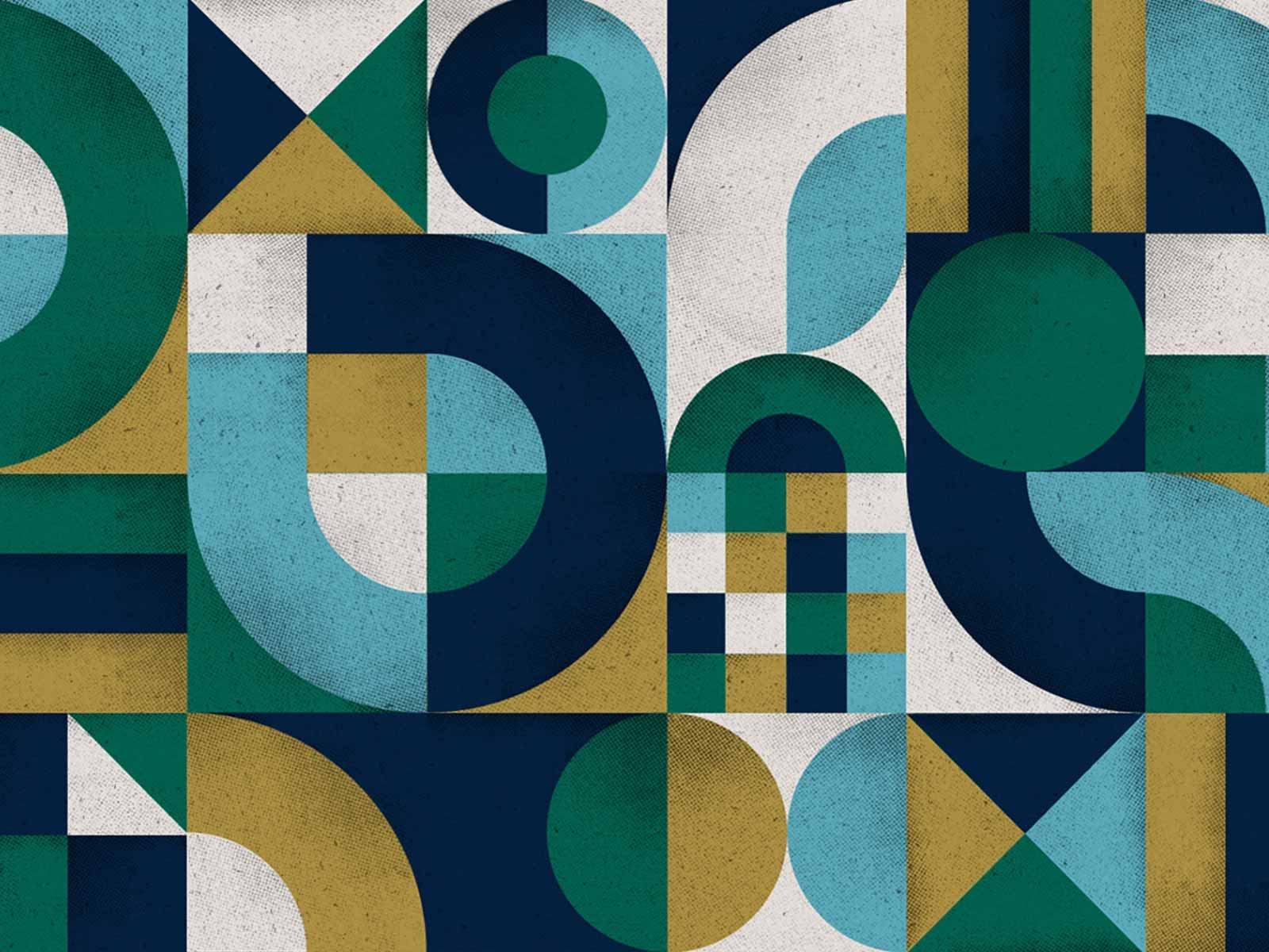 Geometric green, blue, gold, and white shapes intertwined in each other.