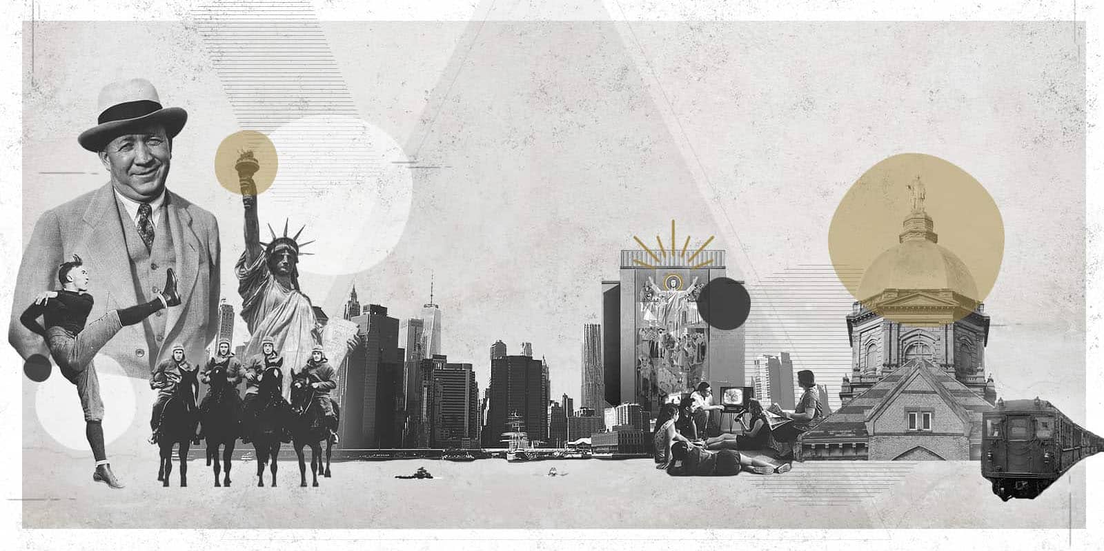 A black and white photo collage of the University of Notre Dame campus featuring students and famous faces, and New York city.