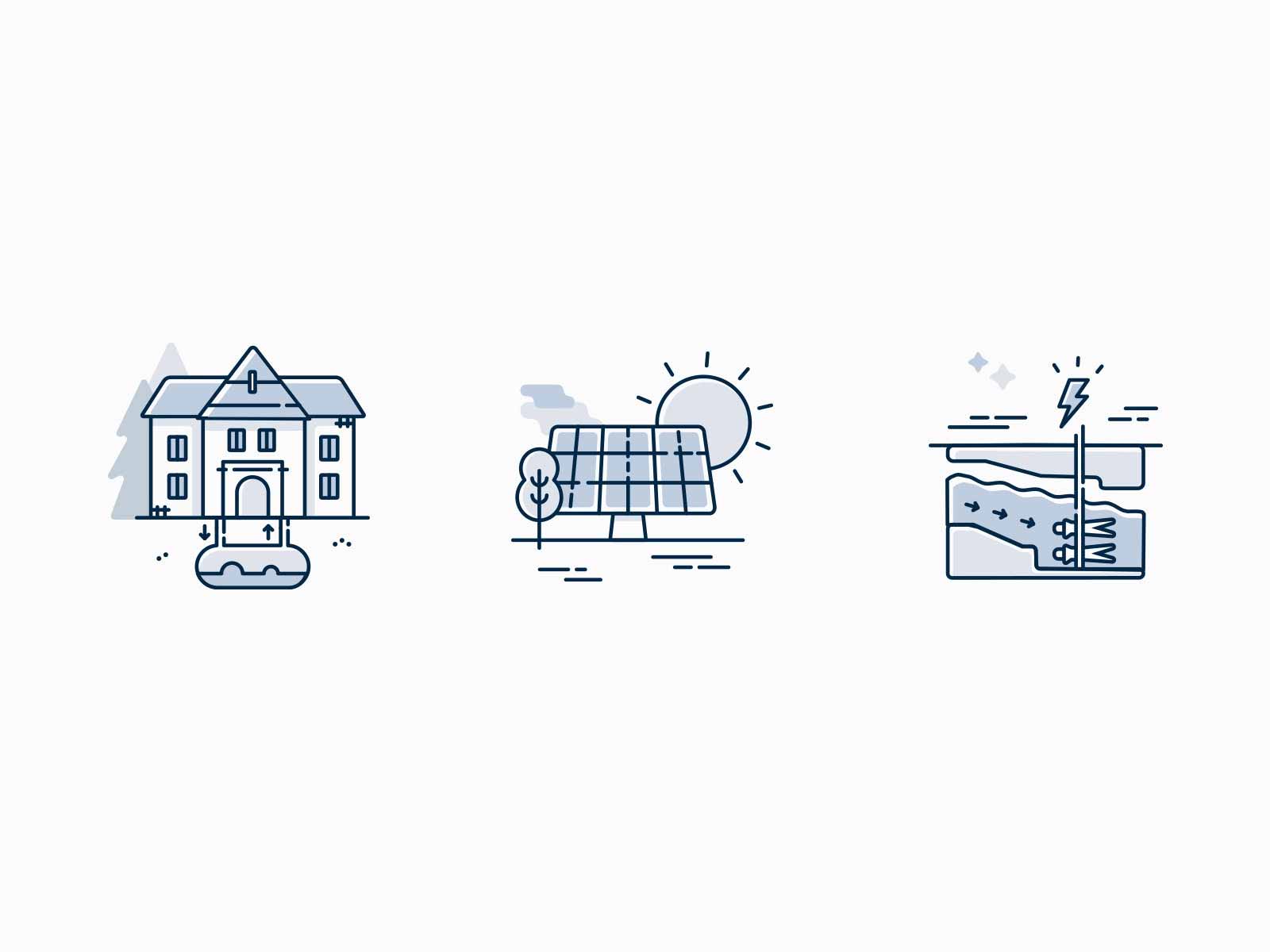 Three blue themed icons of renewable energy icons.