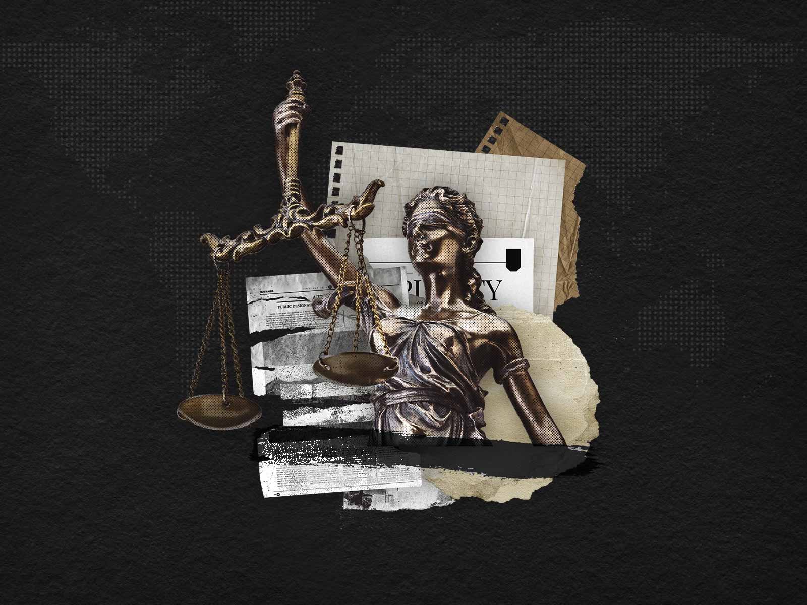 A graphical collage of Lady Justice layered on top of newspaper cuttings and other pieces of paper.
