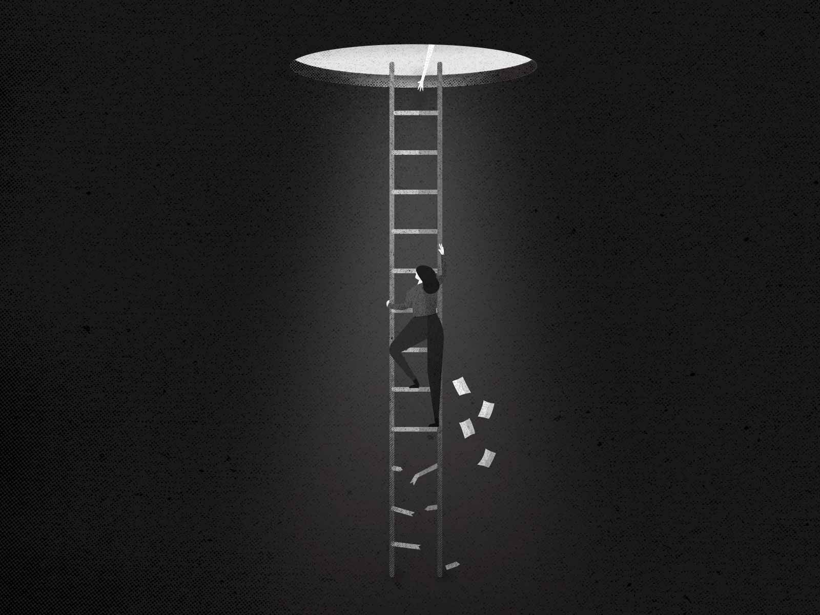 An illustration of a woman climbing up a ladder. An arm stretches through a hole towards the woman putting out a helping hand.