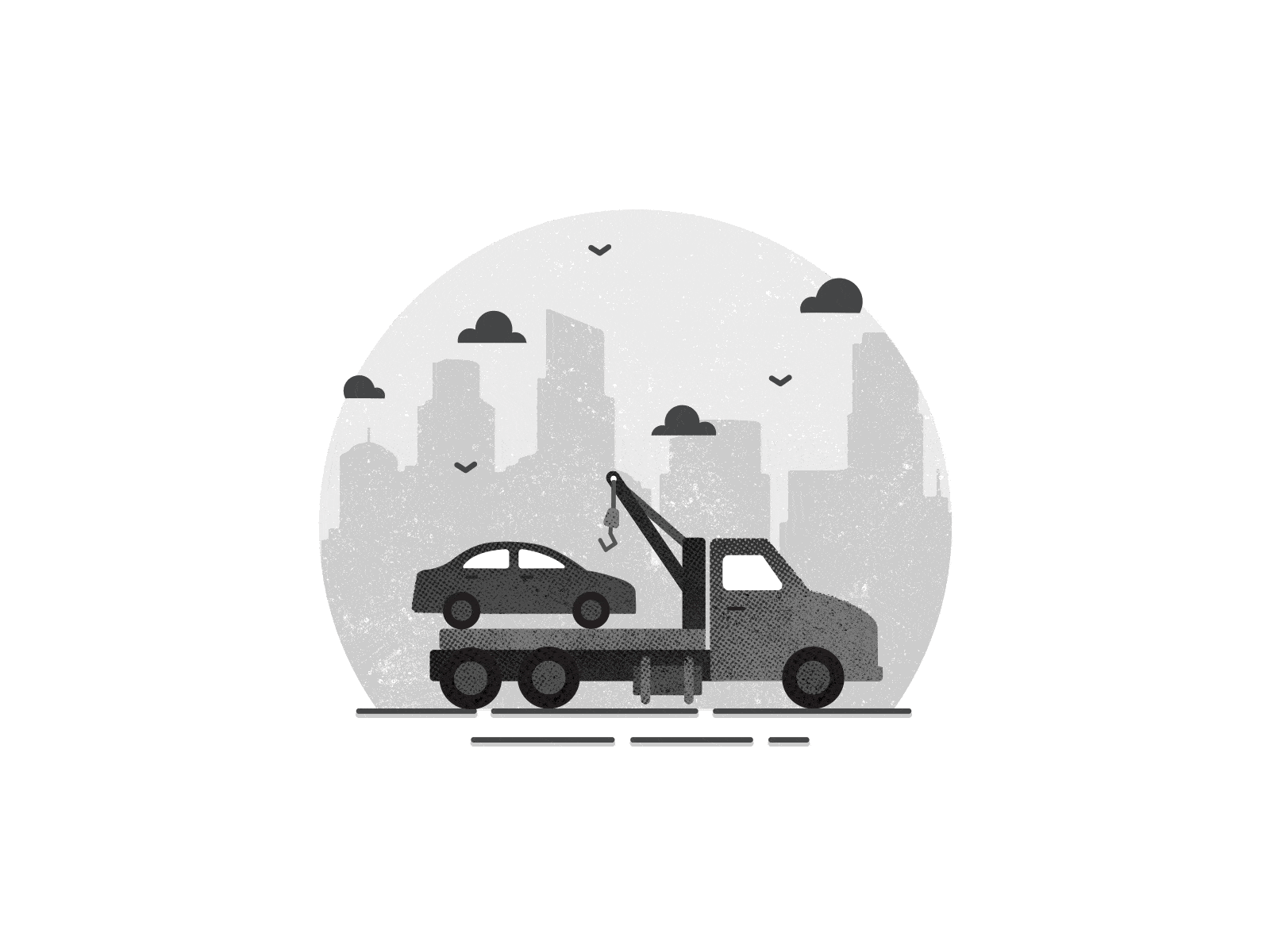 A black and white illustration of a tow truck towing a car. The hook on the truck is swaying back and forth.