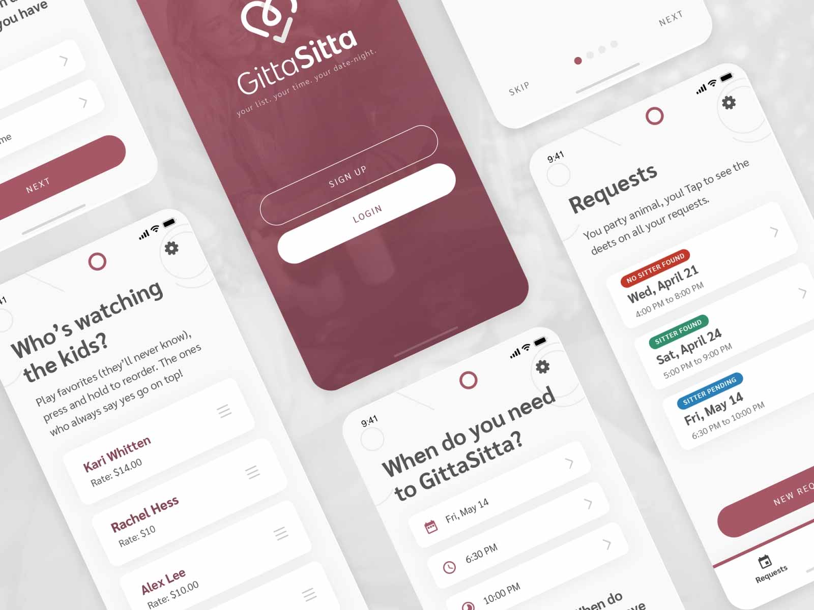 An assortment of screenshots of a mobile app displaying different screens.
