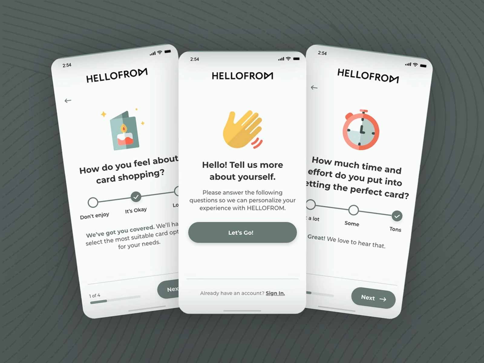 Three screenshots of a mobile web app displaying an onboarding process with illustrations, text, and buttons.
