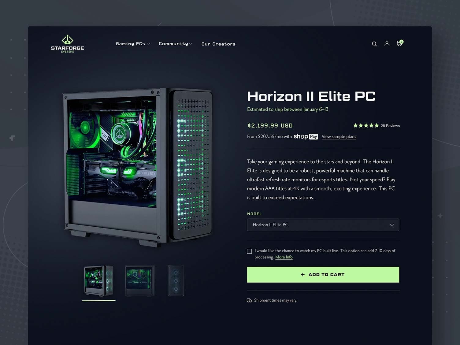 A screenshot of a dark product page featuring a glowing green gaming PC.