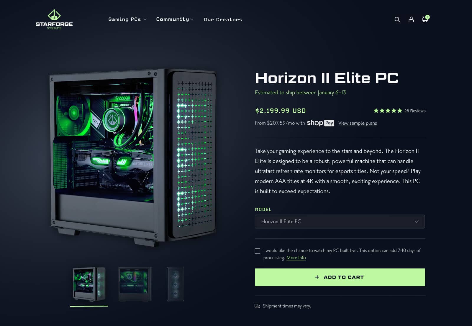 A screenshot of a dark product page featuring a glowing green gaming PC.