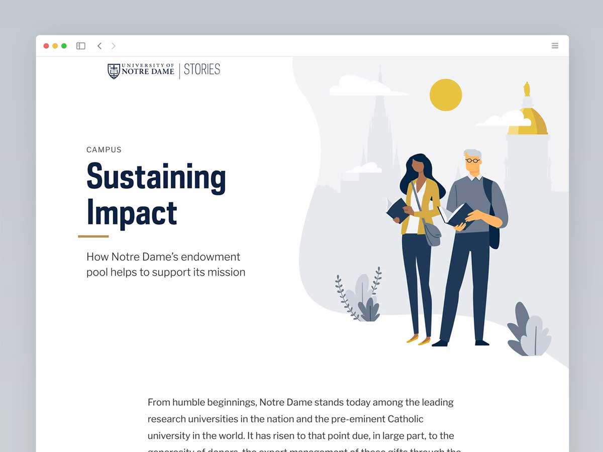 A website featuring a header illustration of two individuals in front of a campus building with a golden dome.