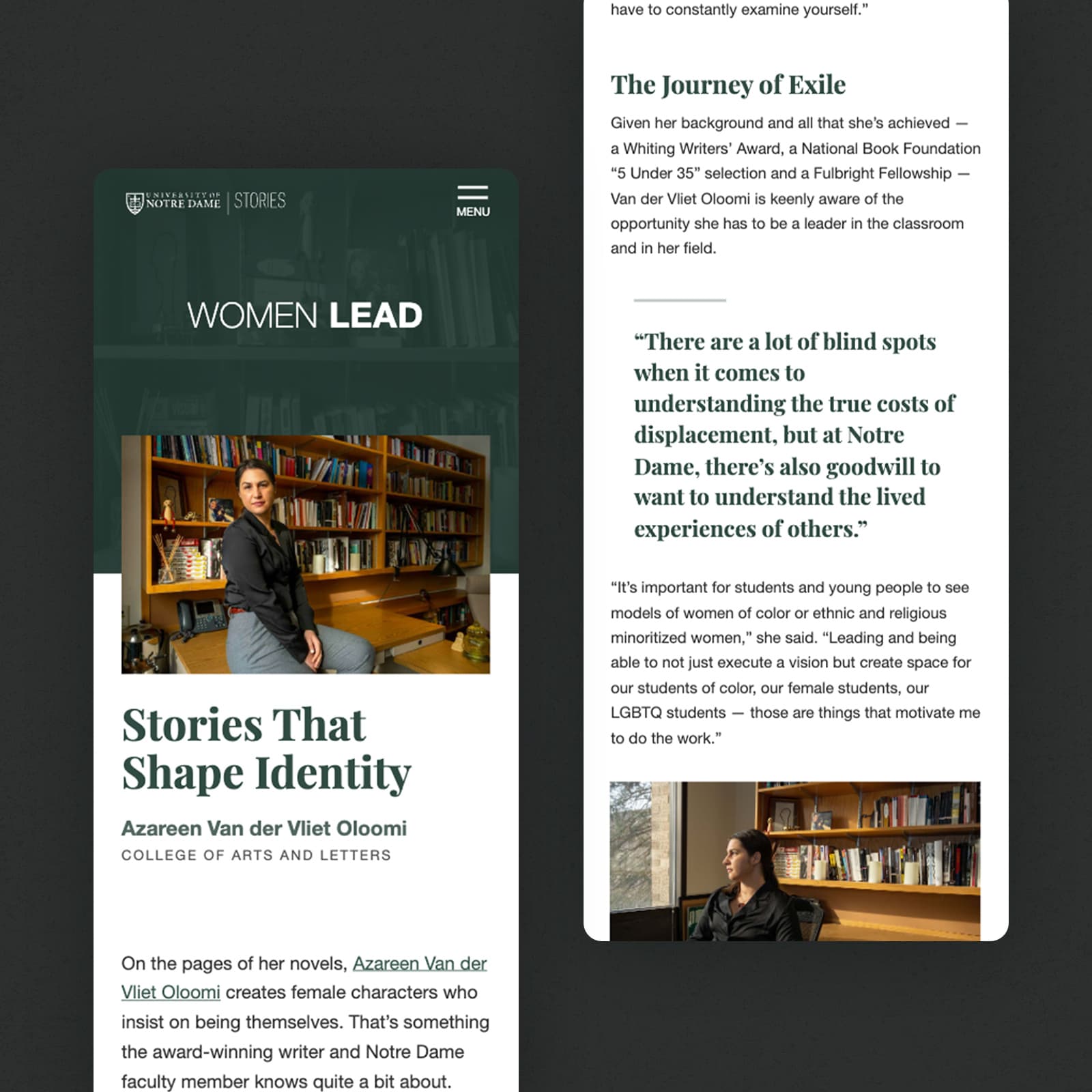 Mobile view of the Women lead subpage.